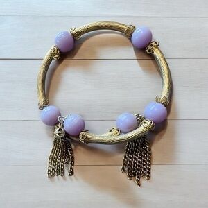 Vintage Lilac Bead and Gold Tone Stretch Bracelet with Tassels